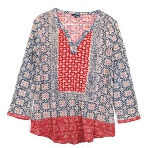 Lucky Brand Knit Pullover Three Quarter Sleeve Notch Neck Patterned Top Size M